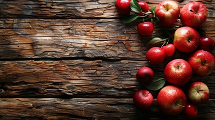 Fresh red apple organic fruits on rustic wooden table, close up fresh fruit for healthy lifestyle landscape background