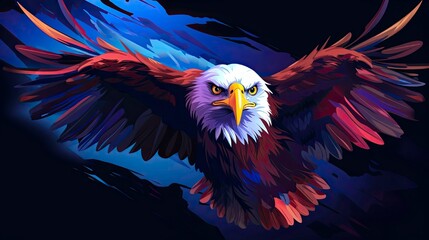 Wall Mural - Flying bald eagle. Color, abstract, neon, art portrait of a soaring bald eagle on dark blue background in pop art style. Digital vector graphics. Separate layers