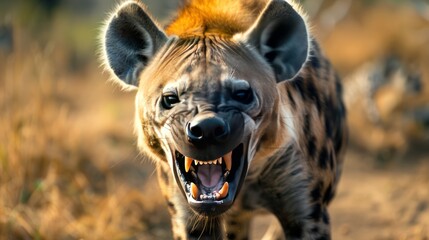 Hyena is a carnivorous animal in the wild fauna outdoor nature background