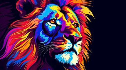  Lion. Abstract, multi-colored profile portrait of a lion's head on a purple background in pop-art style.