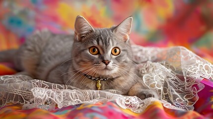 Wall Mural - beautiful shorthair cat with lace necklet lying isolated on colorful background