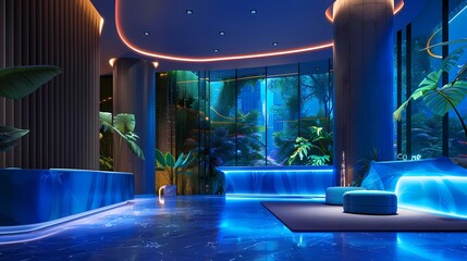 A luxurious blue reception area, green landscape view through the window, neon lighting, elegant and modern design, Generative AI illustrations.  
