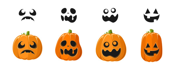 Wall Mural - Cute Jack O Lantern with Different Pumpkin Shapes and Facial Expressions Set. Spooky Creepy Halloween Graphics Illustrations.