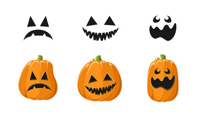 Wall Mural - Cute Jack O Lantern with Different Pumpkin Shapes and Facial Expressions Set. Spooky Creepy Halloween Graphics Illustrations.