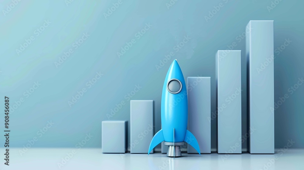 Business growth graph 3D bar chart on the left, little blue rocket ...