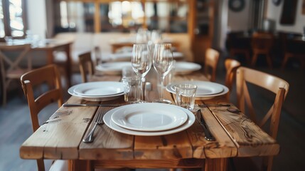 A table set with plates and glasses at a restaurant.