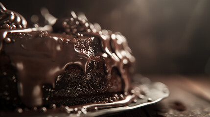 A close up of a chocolate cake with chocolate frosting and chocolate sprinkles. Scene is indulgent and tempting