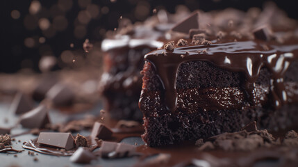 A close up of a chocolate cake with chocolate frosting and chocolate sprinkles. Scene is indulgent and tempting