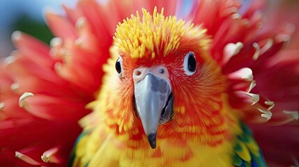 Wall Mural - Parrot on the flower. Beautiful extreme close-up.