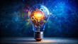 © Adisorn - A bright lightbulb surrounded by colorful sparks and gears, symbolizing a brilliant creative idea, against a dark blue background with subtle texture and depth.
