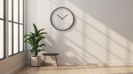 Canvas Print - A minimalist interior with a large window, a potted plant, a small table, and a clock on the wall.