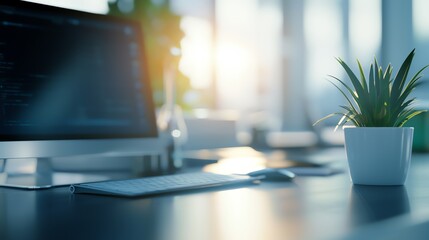 a modern workspace with a computer, keyboard, and a potted plant, illuminated by soft sunlight in a 