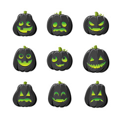 Wall Mural - Black Jack O Lantern with Different Shapes and Funny Facial Expressions Set. Creepy Spooky Fun Halloween Pumpkin Decor Illustration Collection.