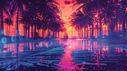 Sticker - A digital art illustration of a tropical sunset with palm trees, a pink sky, and a beach.