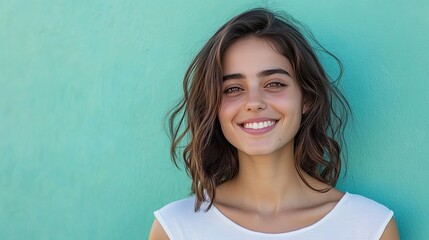 Canvas Print - Happy woman in white casual attire, posed against an aqua blue-green background, capturing a warm and friendly smile