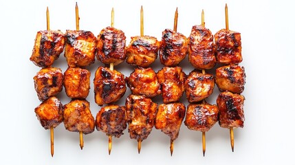 Wall Mural - Top view of char-grilled chicken skewers isolated on a white background, perfect for highlighting their appetizing and smoky look