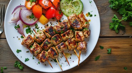 Wall Mural - Top view of homemade lula kebab and vegetables arranged on a white plate, set on a rustic wooden table, highlighting the dish