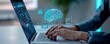 © AI Studio - A businessman is using his laptop to create an intelligent system on the screen, with icons of data and brain floating above it.