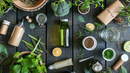 Wall Mural - A flat lay of natural ingredients and products on a dark wooden surface.