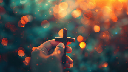 Wall Mural - A photograph of a hand holding a cross pendant, glowing lights in the background, serene and spiritual atmosphere, soft focus bokeh lights