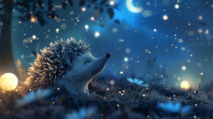 Canvas Print - A cute hedgehog is nestled in a bed of grass, with glowing lights and a moon in the background.