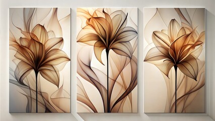 Wall Mural - Set of three vertical poster, abstract smokey  lily floral shape art panels