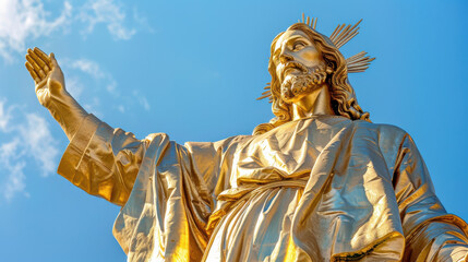 Wall Mural - A photograph of Jesus Christ, golden statue, arms raised as if in blessing, captured from a distance showing the full statue and its surroundings, set against a pure blue sky