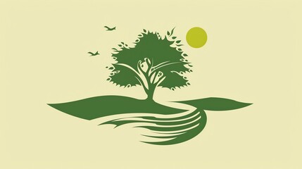 Green tree with two birds flying above,  and a yellow sun in the sky on a cream background.