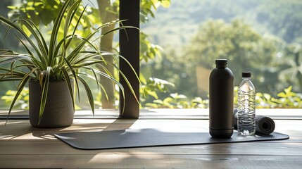 Poster - A yoga mat and two water bottles, one black and one clear, on a wooden floor.