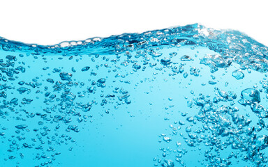 Wall Mural - Air Bubbles Float Up in Water. Water Wave, Water Splashing. Oxygen Relaxation. Blue Water Textured on White Background.	
