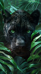 Canvas Print - there is a black leopard with green eyes hiding in the leaves