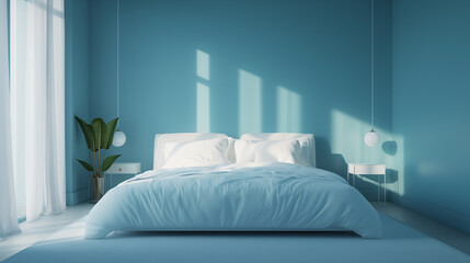 Wall Mural - there is a bed with white sheets and pillows in a blue room