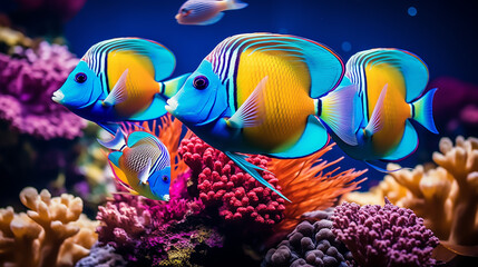 there are three fish swimming in a tank with corals