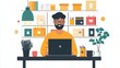 © stockpro - A cheerful man working on a laptop in a cozy office with shelves, plants, and colorful storage boxes, ideal for remote work themes.