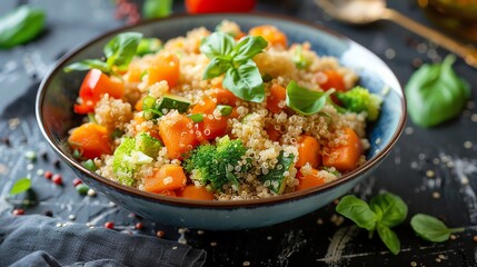 Poster - A bowl of quinoa with vegetables and basil.