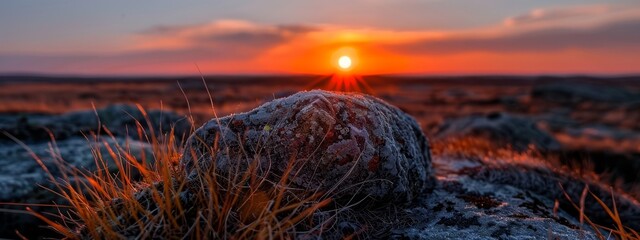  The sun sets over a rocky outcropping, amidst a field of grass and stones in the foreground