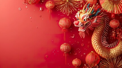 Wall Mural - Chinese New Year background with fireworks, lanterns, Chinese dragon, gold and red, illustration background