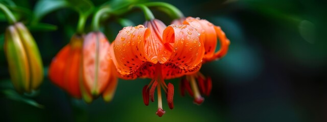 Wall Mural -  A tight shot of an orange blossom, adorned with water beads on its petals In the backdrop, verdant leaves unfurl