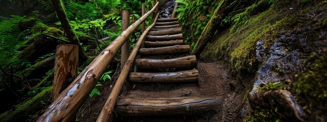 Wall Mural -  A forested path featuring a staircase constructed from logs, with a gurgling stream interspersed between steps