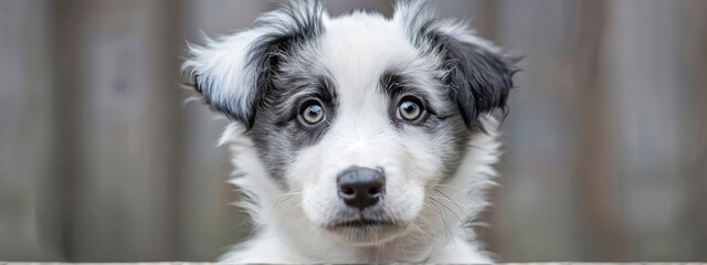 Wall Mural -  A dog's face, in sharp focus, gazes directly into the camera The background softly blurs