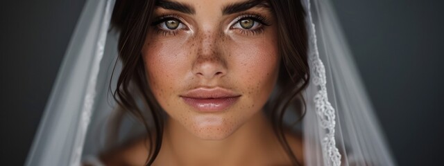 Wall Mural -  A woman with freckled hair worn under a veil gazes seriously into the camera