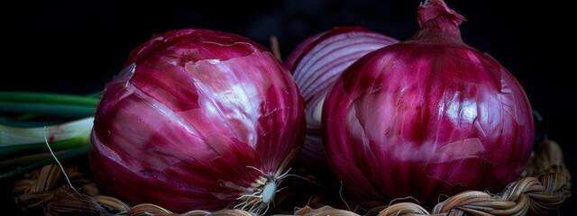  Two red onions atop a basket A green celery stalk beside them against a black backdrop