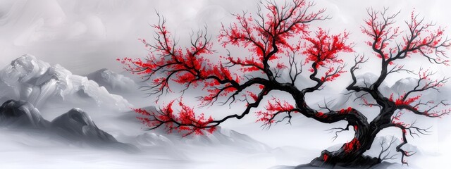 Poster -  A painting of a tree with scarlet leaves against a backdrop of snow-capped mountain ranges