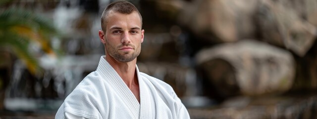 Wall Mural -  A man in a bathrobe stands before a waterfall, background comprised of cascading water Palm tree in foreground