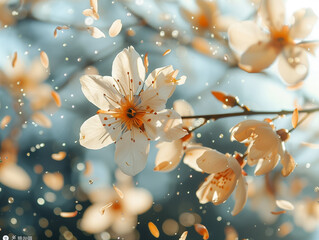 Wall Mural - there is a white flower that is on a branch in the rain