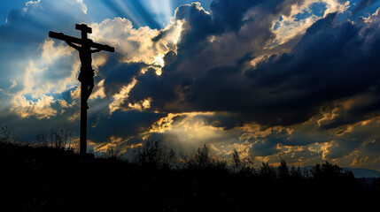 Wall Mural - A photograph of Jesus Christ on the cross, silhouetted against a dramatic sky, with rays of sunlight breaking through the clouds, emphasizing divine presence