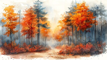 Watercolor painting of a peaceful autumn forest with a path, isolated on white background