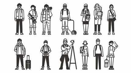 Wall Mural - People Professions Icons Set in Hipster Flat Style - Thin Line Symbols of Various Characters in Color Isolated on White Background