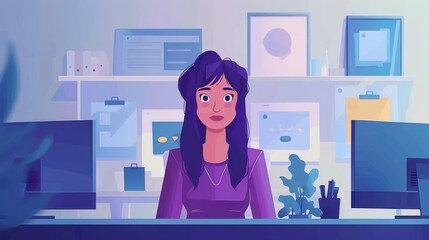 Wall Mural - Woman at Her Desk in an Office with Blue Tones