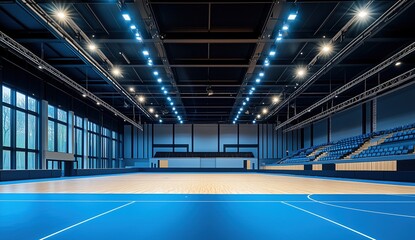 the empty modern sports hall with a blue carpet and black metal ceiling, spotlights shining from above